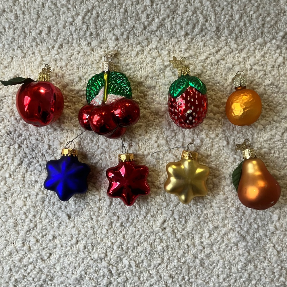 Set of 8 Old World Ornaments, fruit and stars